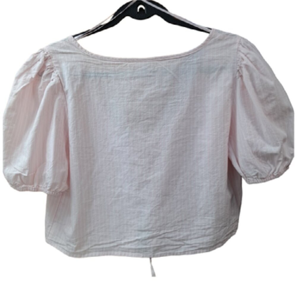 Cottage Core Pretty Pink and White Pin Stripe Tie Front Blouse Sz L - Picture 2 of 3